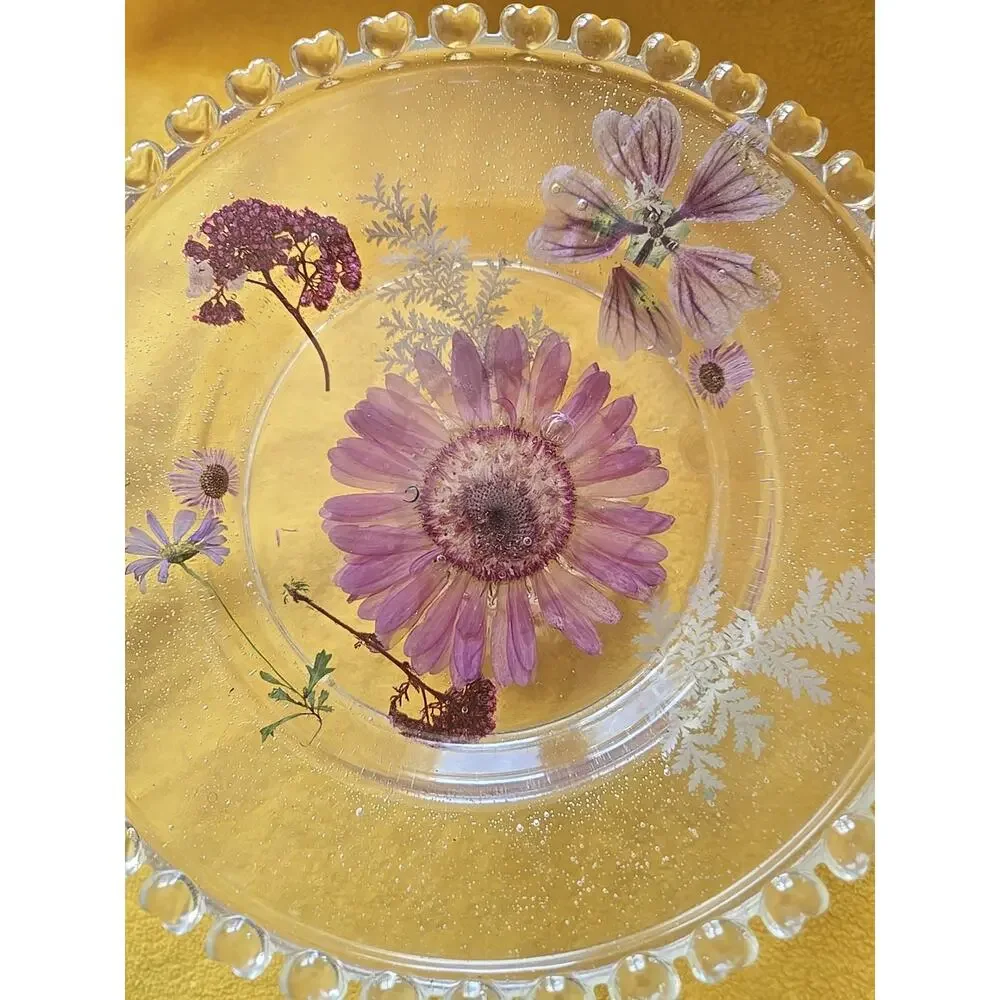 Cupcake Pedestal Stand, Expoxy Resin, Handmade Adorned W/ Dried Wild Flowers